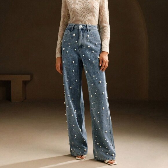 Blue Casual Women's High Waist Pearl Embellished Straight Loose Wide Leg Jeans - Picture 3 of 7